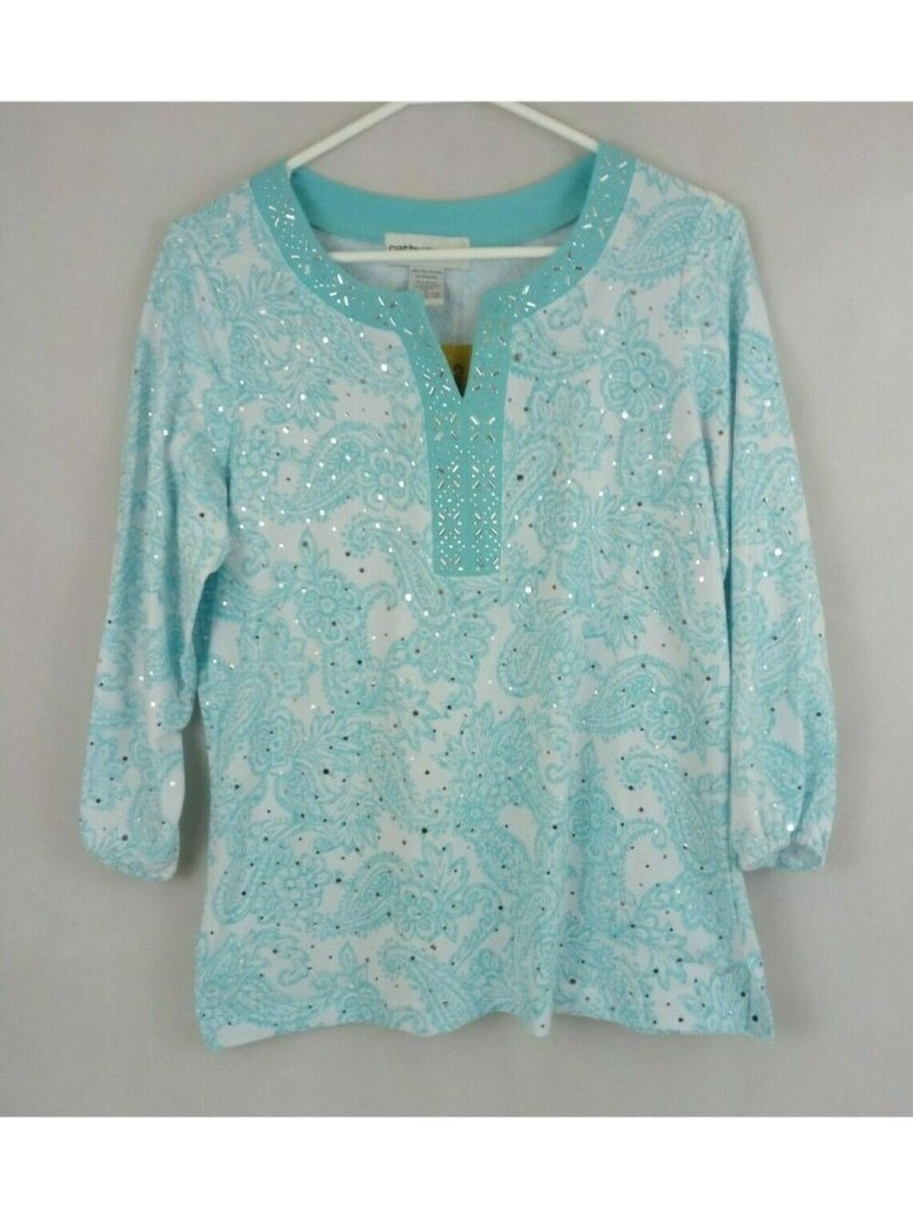 NWT Cathy Daniels Blue & White Beaded Floral Paisley 3/4 Sleeve Blouse Size S